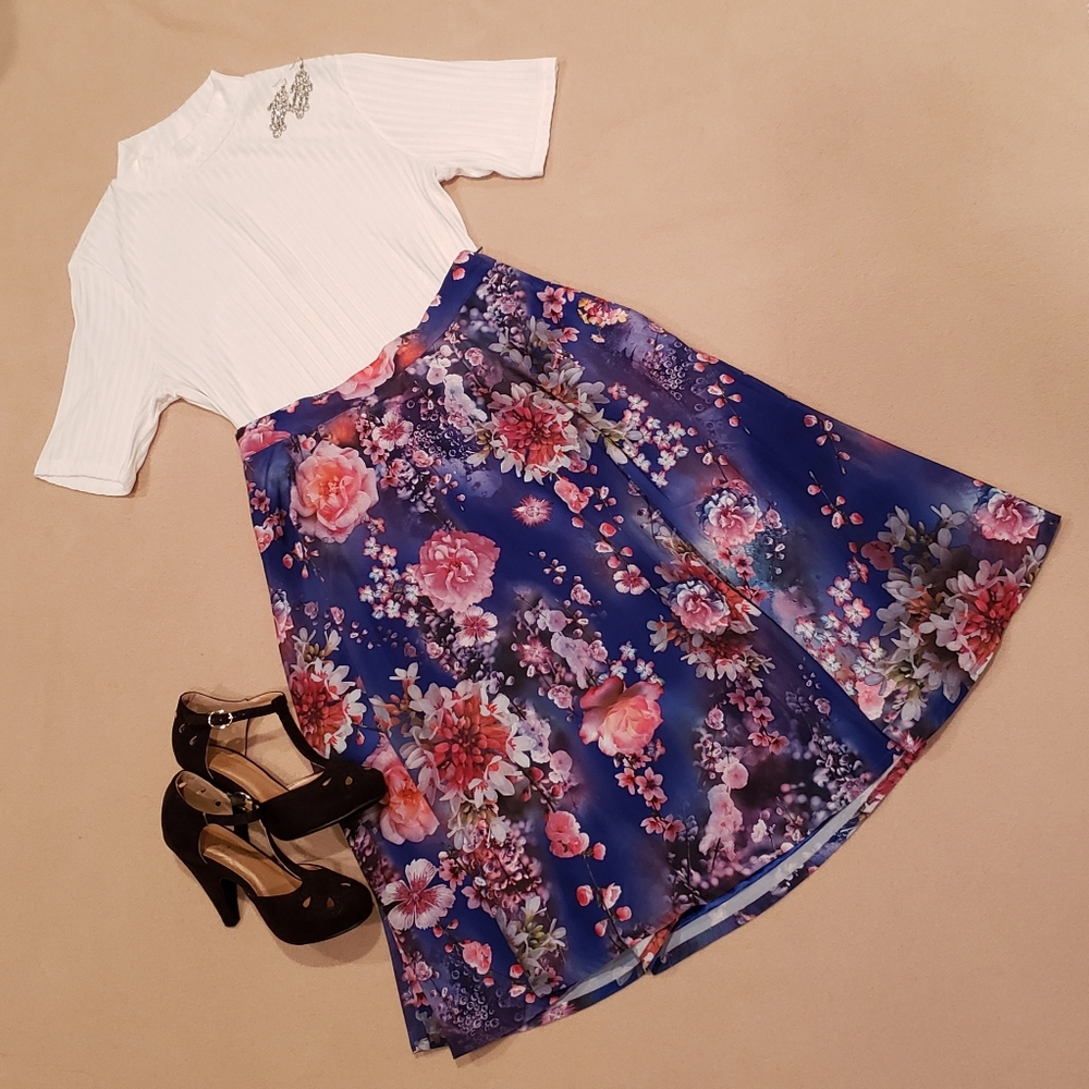 Modcloth floral blue A-line midi skirt